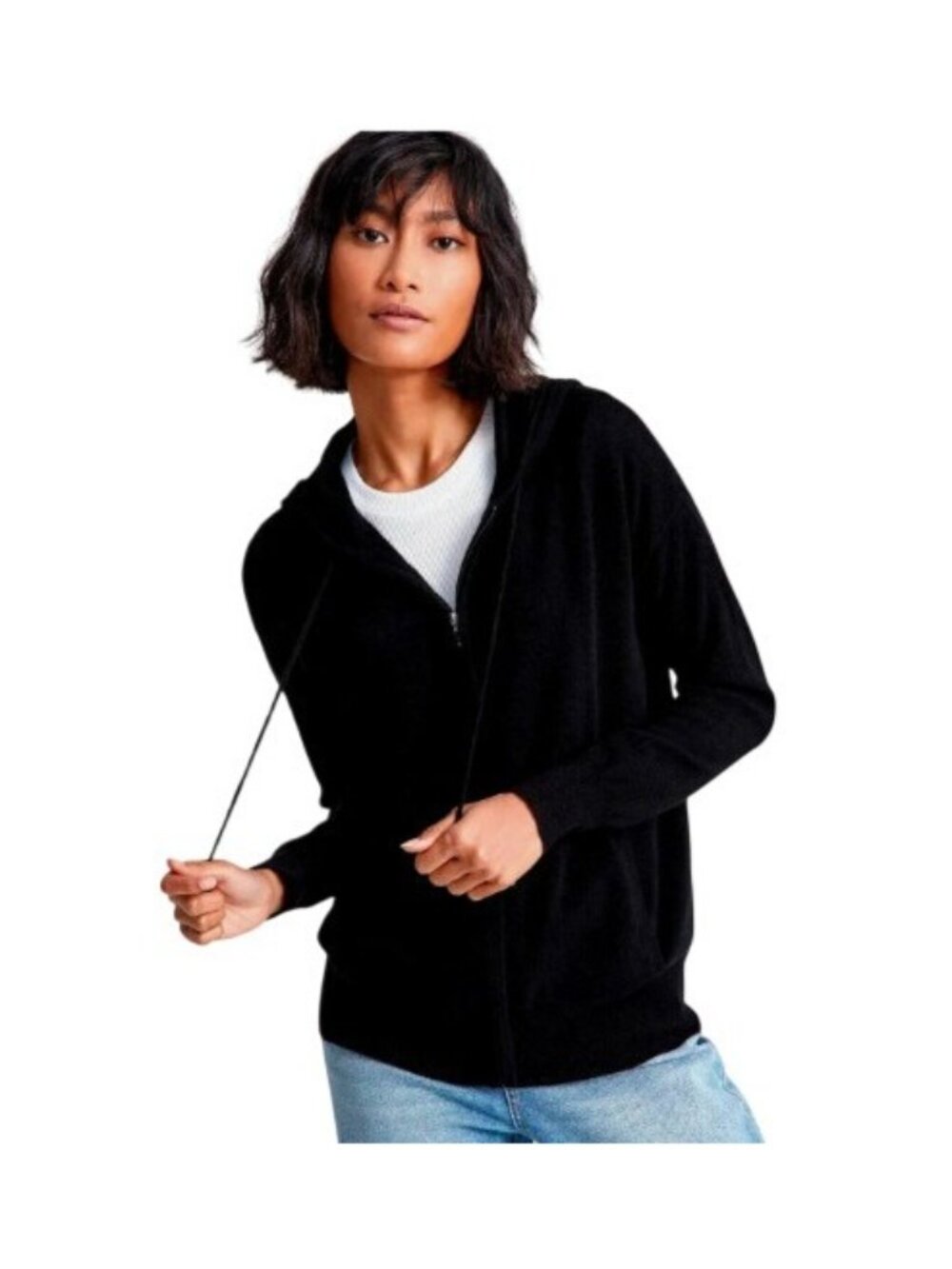 Charter Club Luxury Sweater Womens Petite XL Black Full Zip Hooded 100% Cashmere